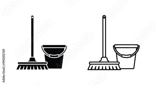 Two black cleaning tools a bucket and a broom in silhouette