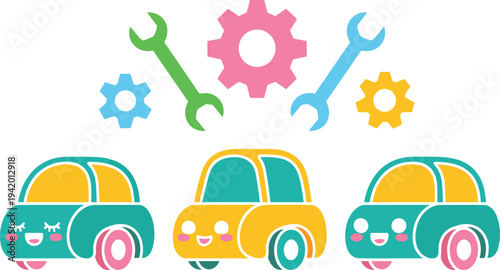 Cute colorful toy car vector collection featuring smiling characters with mechanical gear and wrench icons for automotive service designs.