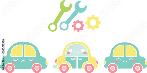 Cute colorful toy car vector collection featuring smiling characters with mechanical gear and wrench icons for automotive service designs.