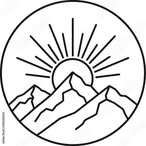 Minimalist black line art badge featuring a sun rising above rugged mountain peaks enclosed within a perfect circle shape