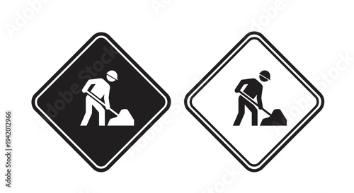 Road work ahead warning signs with worker black and white silhouette