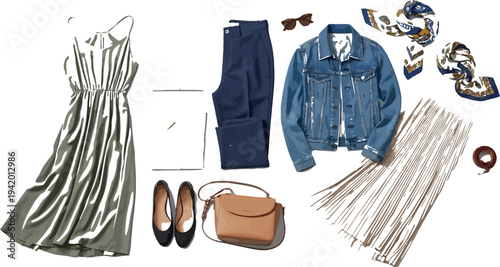 Stylish flat lay arrangement of modern casual women's clothing items featuring a green midi dress and denim jacket