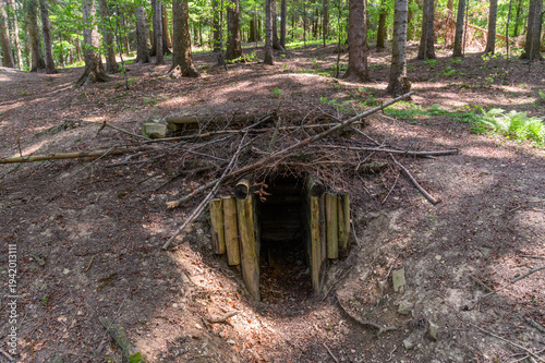 Canvastavla Reconstructed ww2 partisan hideout bunker in nature, Slovakia