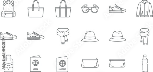A comprehensive linear icon set illustrating essential travel and fashion accessories, including bags, footwear, headwear, and personal documents, ideal for diverse design projects.