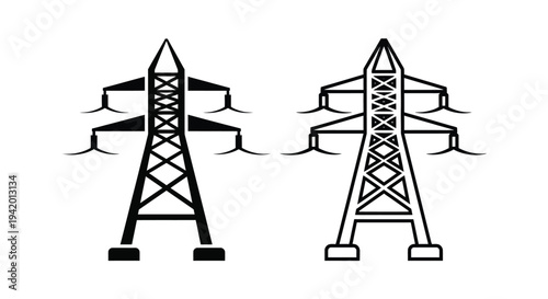 Two high voltage pylons stand against a white background silhouette