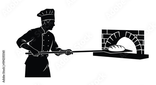 Baker inserting bread into a brick oven striking silhouette