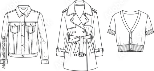 Fashion flat sketch illustration featuring a denim jacket, a classic belted trench coat, and a cropped cardigan set.