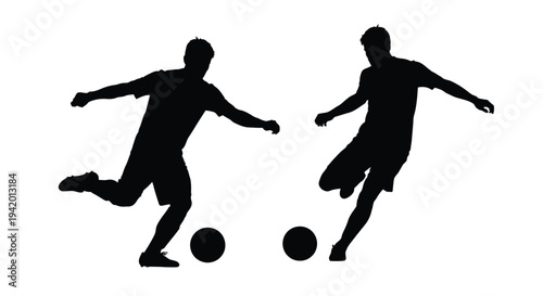 Two men playing soccer with a ball dynamic black silhouette