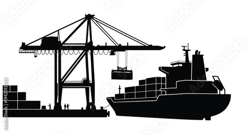Port scene with cargo ship and crane striking black silhouette