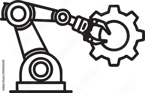 A black line drawing of a robotic arm holding a gear