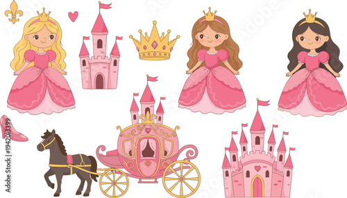 Pink princess fairy tale vector collection featuring cute princesses royal castles a magic carriage and golden crowns for children.