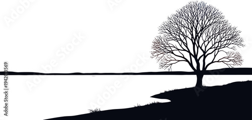 A tranquil and beautiful twilight landscape painting with a vibrant colorful sky reflecting on the calm lake water at sunset, featuring a leafless tree silhouette.