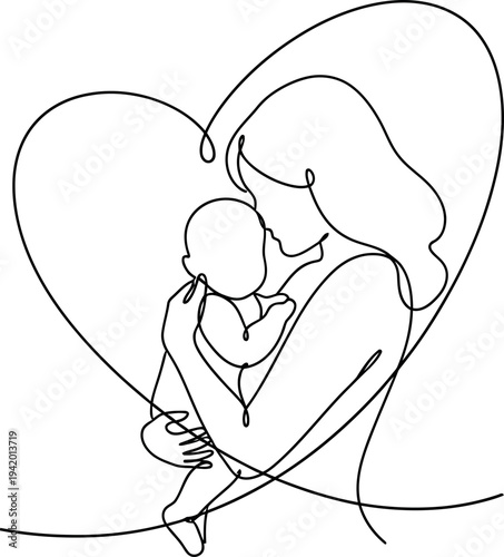 Continuous one line art drawing of a loving mother holding her newborn baby in an embracing heart shape, symbolizing unconditional maternal love and family bonding.