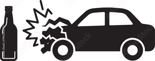 Black silhouette of car crash with bottle and explosion symbol also transparent background