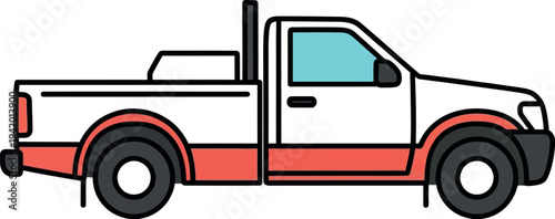 Colorful minimalist flat design illustration of a sturdy red and white pickup truck, perfect for illustrating themes of transport, delivery, work, and utility vehicles.