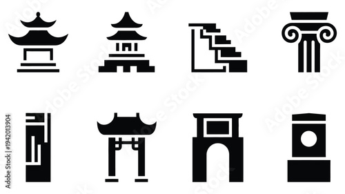 Black silhouette set of Chinese traditional architectural elements and ancient pillars, minimalist vector collection featuring pagodas