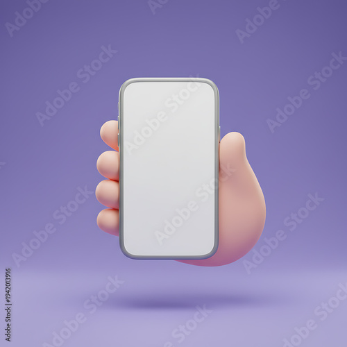 Cartoon hand holding blank white smartphone screen