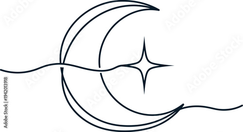 Minimalist continuous line art design featuring a crescent moon, a twinkling star, and an elegant flowing wave element.
