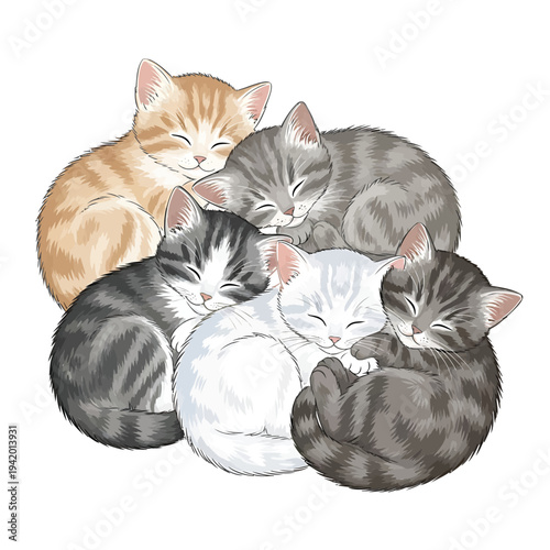 Five cats sleeping together in a cozy curled up position illustration