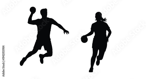 Two athletes in action a man throwing and a woman running silhouette