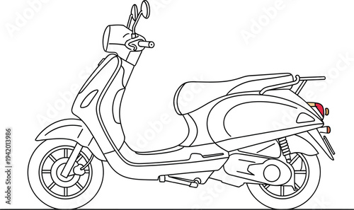 Clean line art illustration of a classic motor scooter rendered in minimal black and white with only the taillight softly illuminated