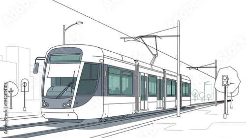Modern streamlined tram vehicle operating on electrified tracks through a simplified grayscale urban city landscape illustration
