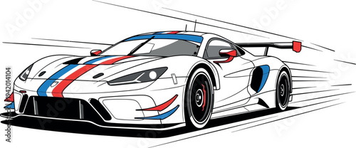Dynamic vector illustration of a sleek, high-performance race car speeding forward with patriotic red and blue stripes, showcasing the excitement and thrill of automotive sports.