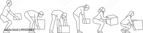 people lifting boxes, correct position, carrying boxes, delivery boxes, symbol, labor, moving, human, people, man, women, work, editable stroke, vector, illustration