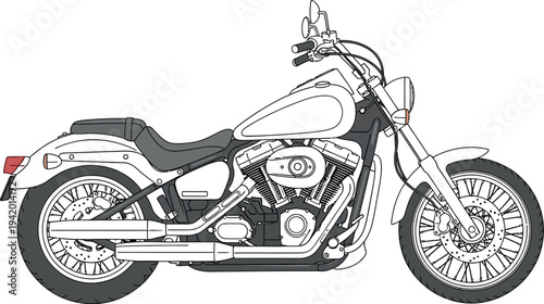 Detailed vector illustration of a classic cruiser style motorcycle shown from the side against a plain white background