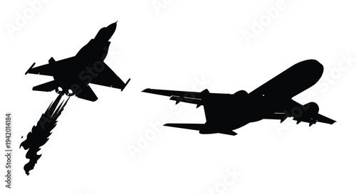 Two aircraft in flight a fighter jet and a commercial plane silhouette