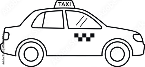 Simple black and white outline drawing of a classic four door sedan vehicle clearly marked with a taxi sign on the roof.