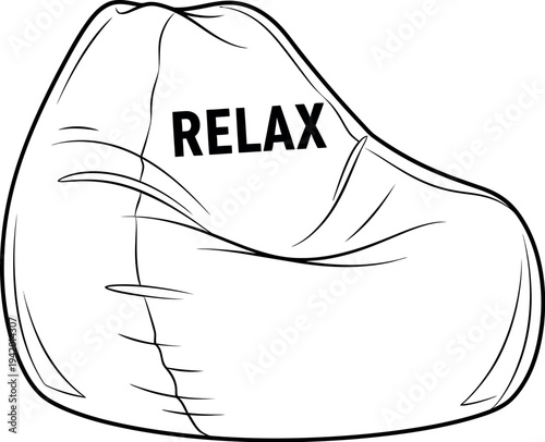 Simple black and white line art drawing of a comfortable bean bag chair featuring the word relax written clearly on top
