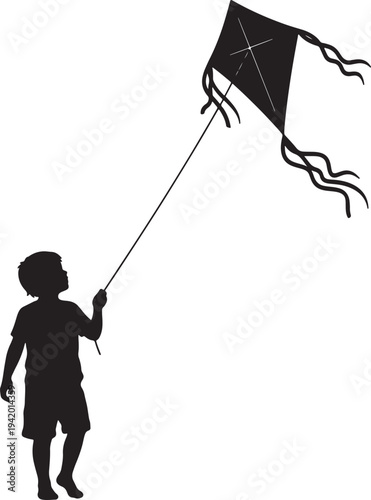 Silhouette of a boy flying a black kite with long ribbons also transparent background child
