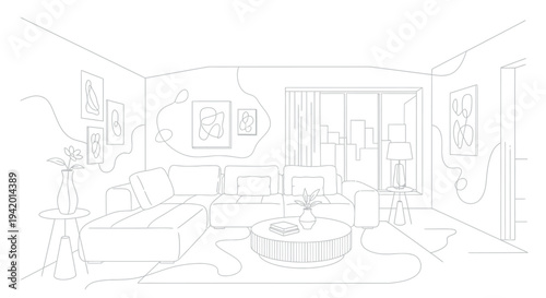 A stylish minimalist line art vector illustration depicting a contemporary living room interior with an L-shaped sofa, coffee table, and abstract wall art.