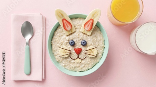 Creative oatmeal bowl decorated as a rabbit face with fruit, fun healthy kids breakfast, playful food art, cheerful morning meal, Easter snack.