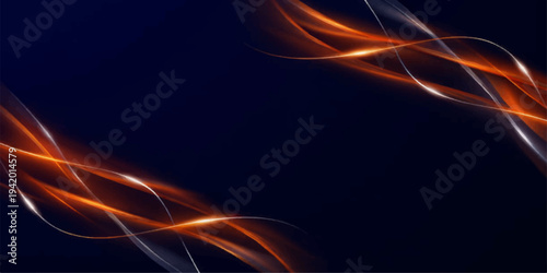 An abstract background of glowing orange flame lines and smoke creates a dynamic fractal motion wave pattern with a light energy effect on a black backdrop design
