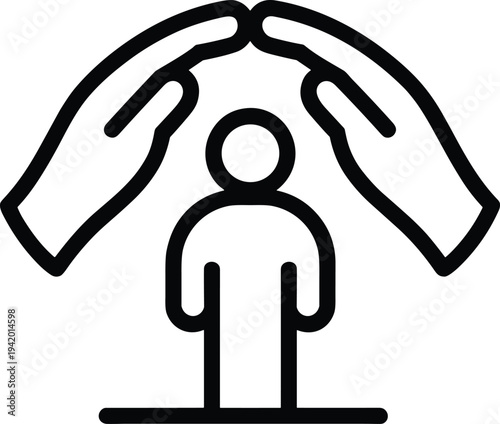 Protective hands icon, person safety symbol, healthcare illustration, social support design, insurance concept, compassion care, minimal line art, security representation