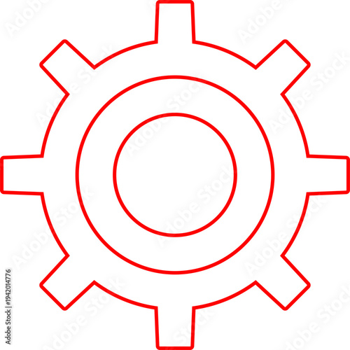 A stylized red gear illustration with a minimalist and geometric design approach