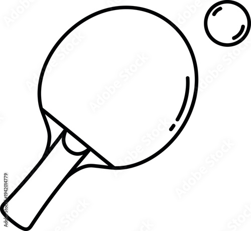 Simple black and white line art icon depicting a table tennis paddle ready to strike a small ping pong ball in motion