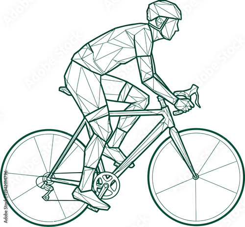 Stylized geometric outline illustration depicts a competitive cyclist wearing a helmet riding a road bicycle in profile view