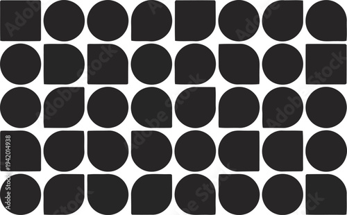 A repeating grid pattern displays black squares, circles, and quarter circle shapes on a pure white background