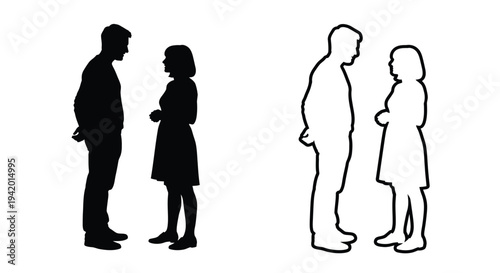 Couple facing each other shown in duplicate black and white silhouette