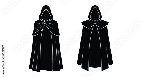 Two hooded cloaks displayed in a stark graphic silhouette