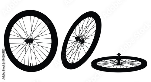 Three bicycle wheels in a striking black silhouette