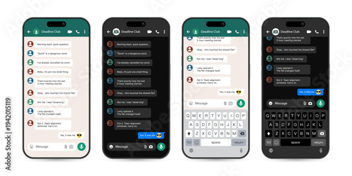Smartphone Messenger Group Chat App UI Mockup with Keyboard in Light and Dark Theme – Mobile Social Media Interface Template Vector Illustration