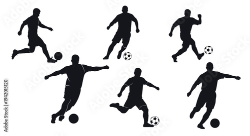 Dynamic soccer players in action poses a striking black silhouette