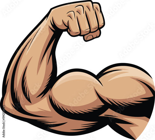 A powerful male arm flexing a strong bicep muscle showing strength and physical fitness