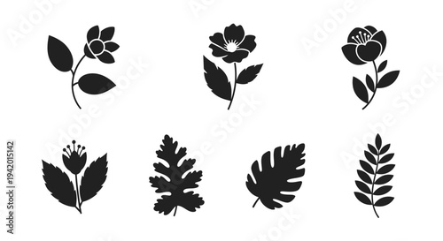 Floral and foliage arrangements depicted in a dark striking silhouette