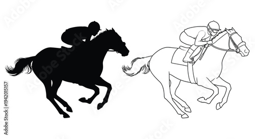 Two horse riders in motion one a dark silhouette