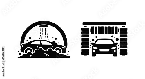 Car wash icons showing vehicles with water spray black silhouette